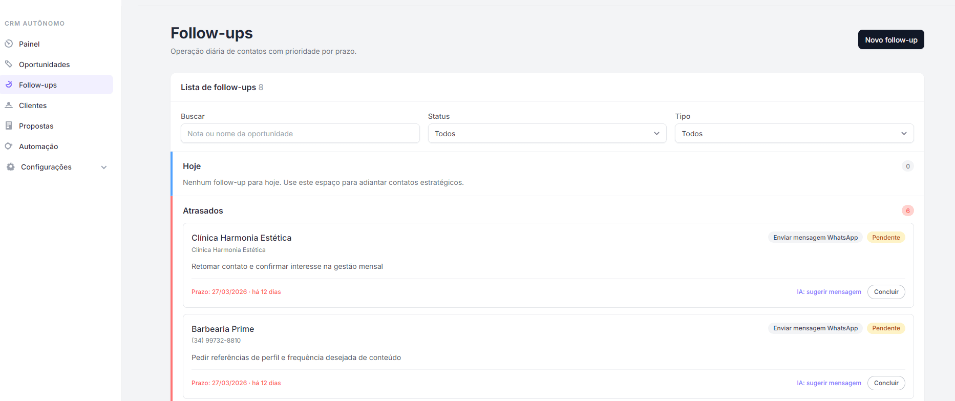 Página de follow-ups do Venrix